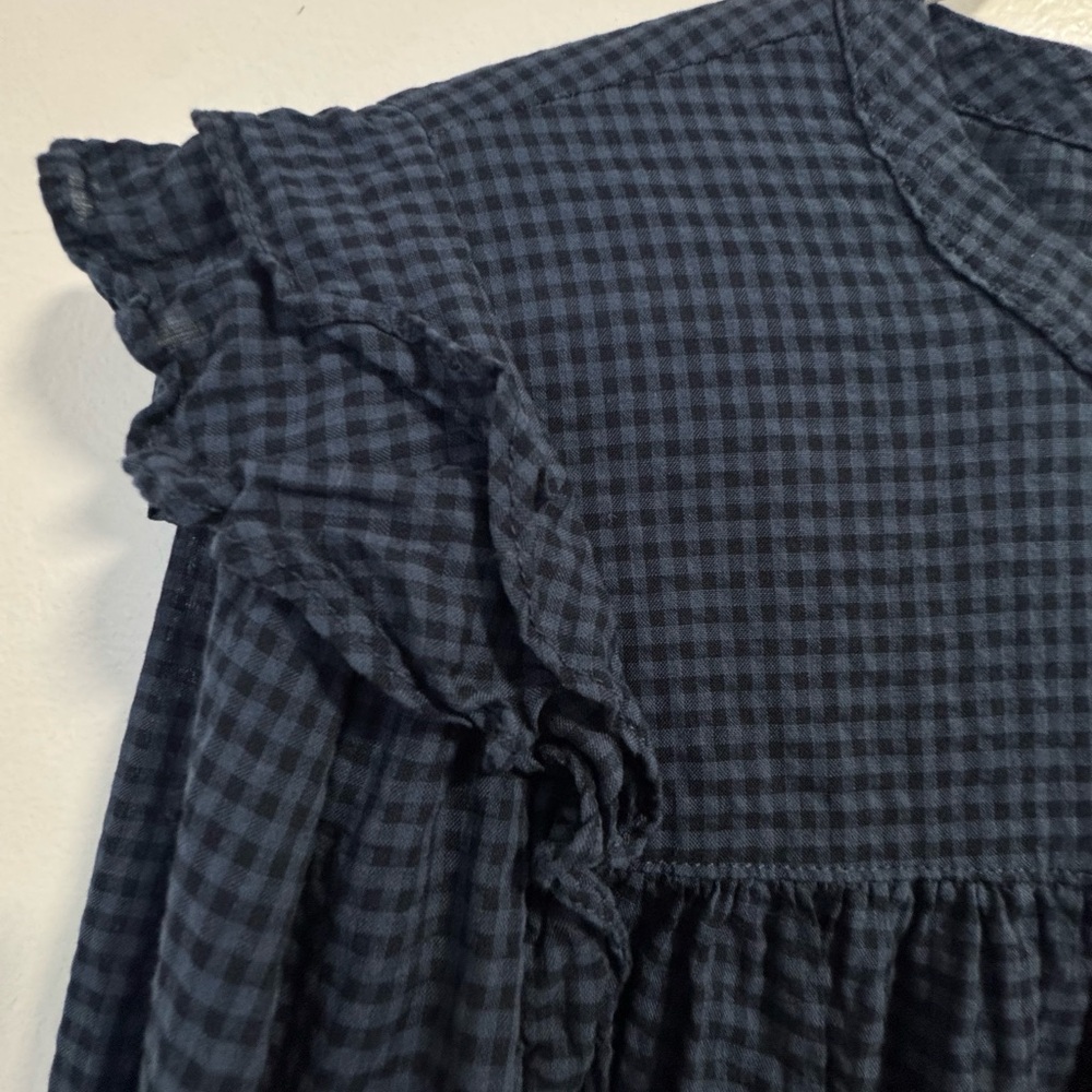 H&M Navy Gingham Ruffle Shoulder Button-Up Blouse XL - Picture 2 of 9